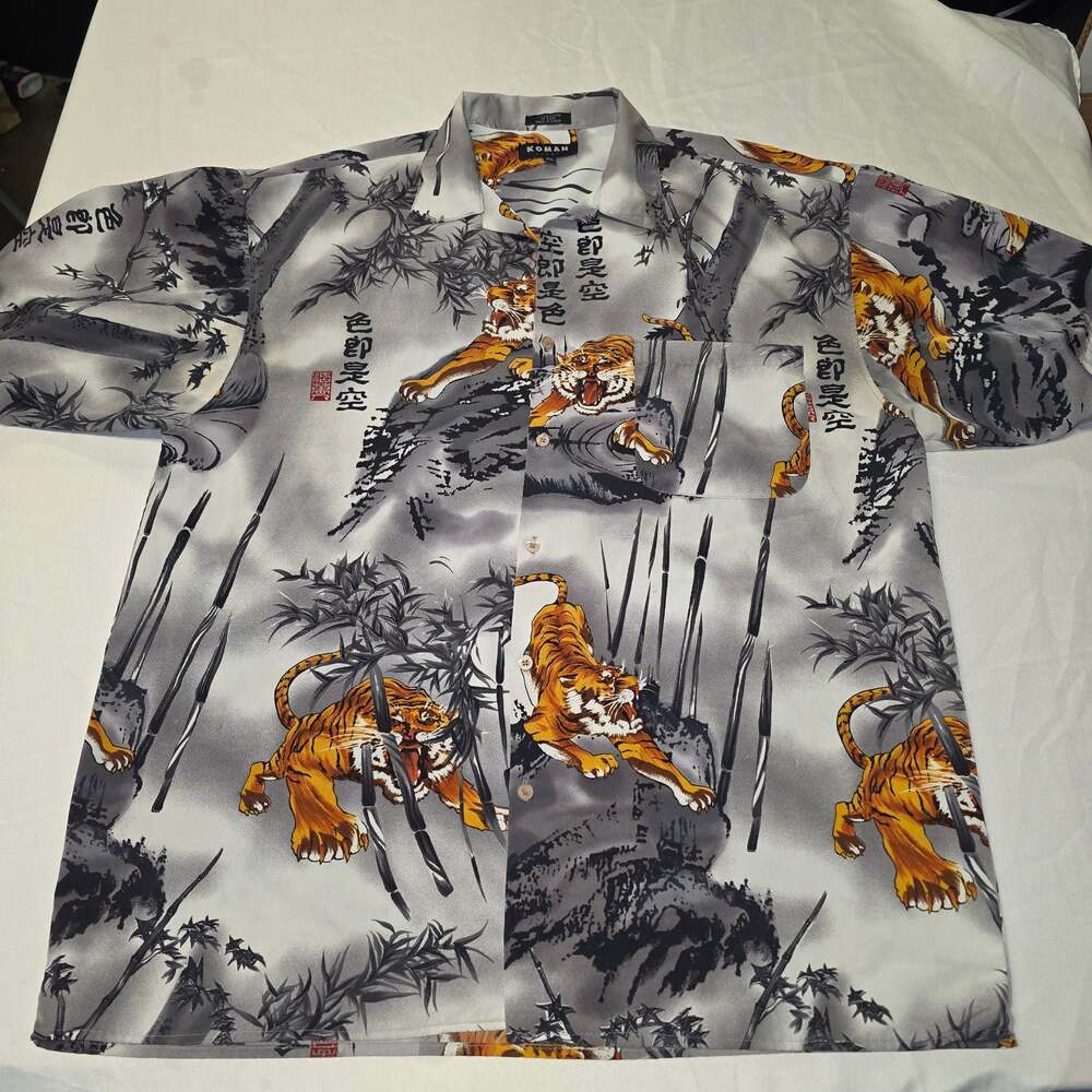 Koman Sport Men's XL Button-Up Shirt Tiger Bamboo All-Over Print